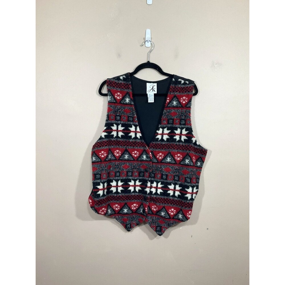 VTG Womens Fair Isle Fleece Vest 18/20 Red Black Holidays Christmas Winter 90s